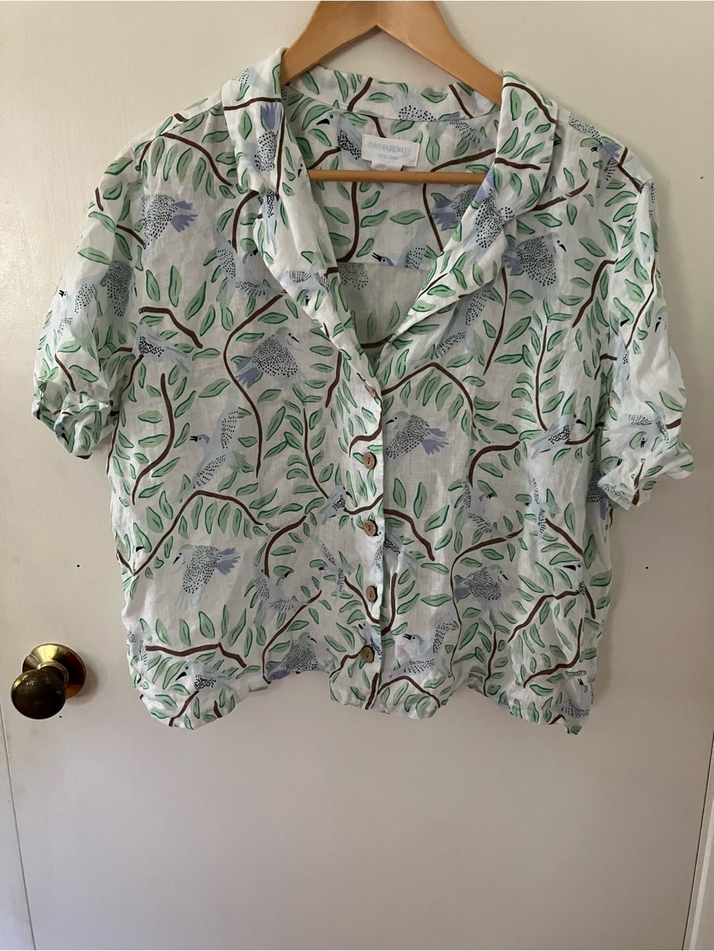 Cynthia Rowley White Button-Down Blouse with Green Leaf Print